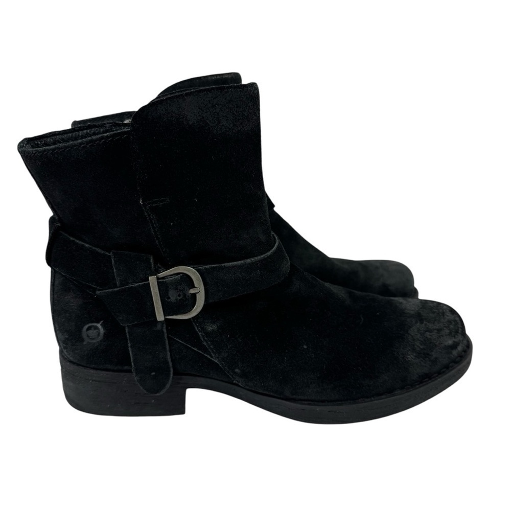 Born Suede Ankle Boots Womens 10 Black Heeled Buckle Moto Booties Leather GUC